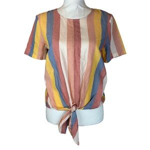 MADEWELL Linen Short-Sleeve Tie-Front Shirt Striped Rear Buttons Women’s Small S